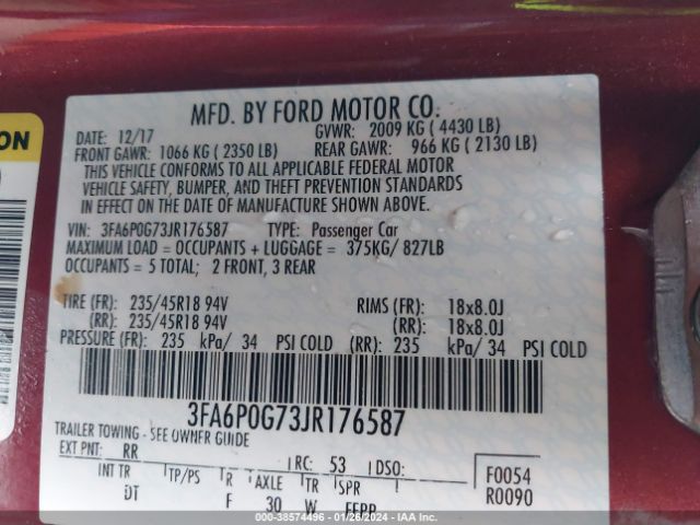 3FA6P0G73JR176587 Ford FUSION S
