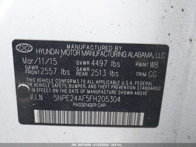 2015 HYUNDAI SONATA SE VIN: 5NPE24AF5FH205304