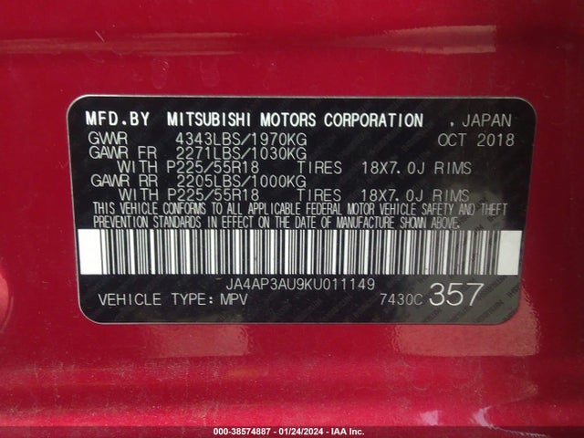 JA4AP3AU9KU011149 Mitsubishi Outlander Sport 2.0 Es/2.0 Le/2.0 Sp