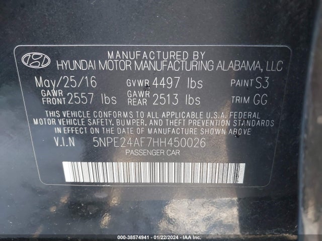 2017 HYUNDAI SONATA SE VIN: 5NPE24AF7HH450026