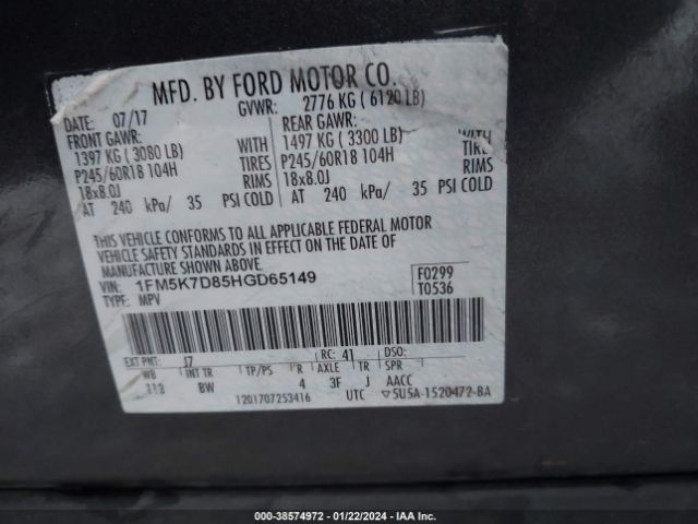 1FM5K7D85HGD65149 Ford EXPLORER XLT