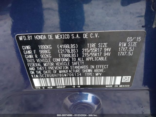 3CZRU6H78GM706134 Honda Hr-v Ex-l