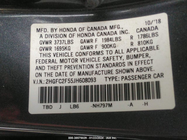 Honda k20c2 2018 2HGFC2F55JH608093 Image 9