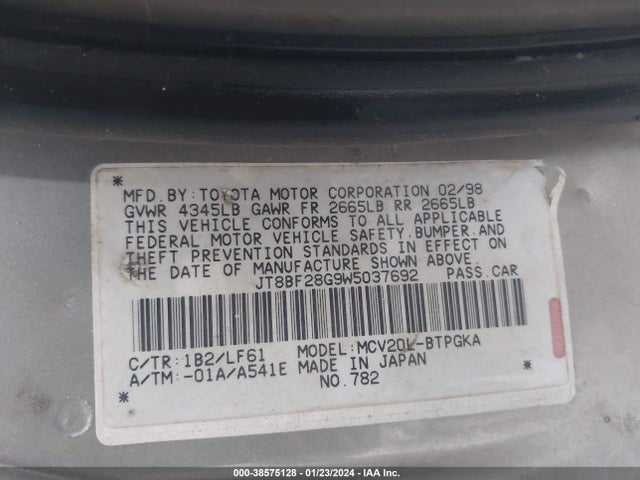 1998 LEXUS ES 300 VIN: JT8BF28G9W5037692