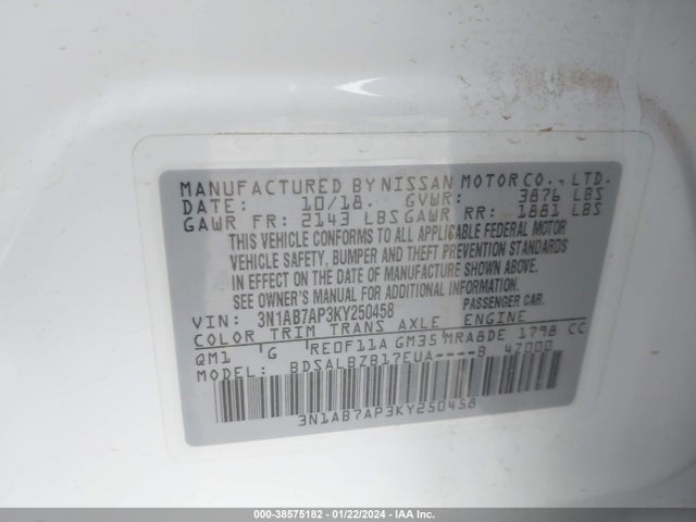 Nissan SENTRA S 2019 3N1AB7AP3KY250458 Image 9