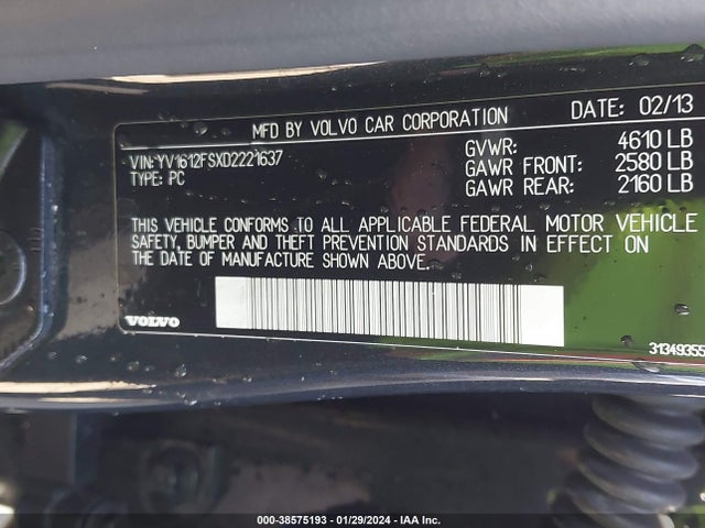 2013 VOLVO S60 T5/T5 PLATINUM/T5 PREMIER/T5 PREMIER PLUS VIN: YV1612FSXD2221637