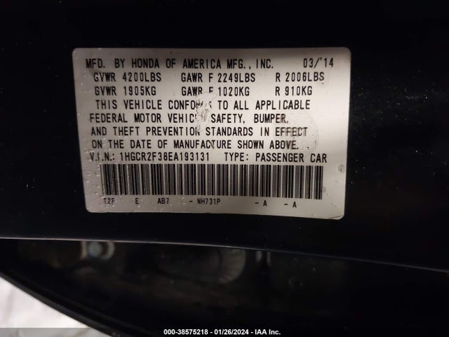 Honda ACCORD LX 2014 1HGCR2F38EA193131 Image 9