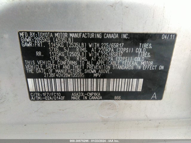 2011 TOYOTA RAV4 VIN: 2T3BF4DV2BW135595