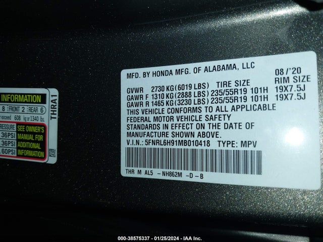 5FNRL6H91MB010418 Honda Odyssey Elite