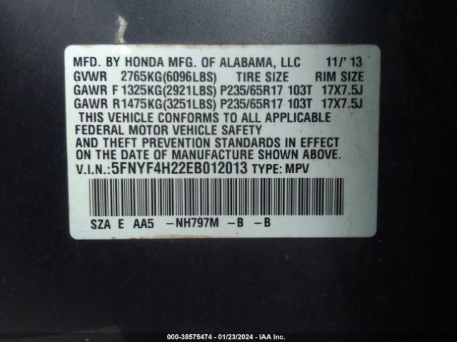 5FNYF4H22EB012013 Honda PILOT LX