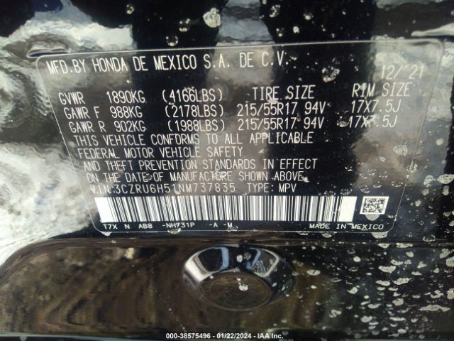 3CZRU6H51NM737835 Honda Hr-v Awd Ex