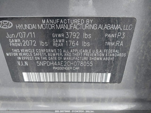 2012 HYUNDAI ELANTRA GLS VIN: 5NPDH4AE2CH078055