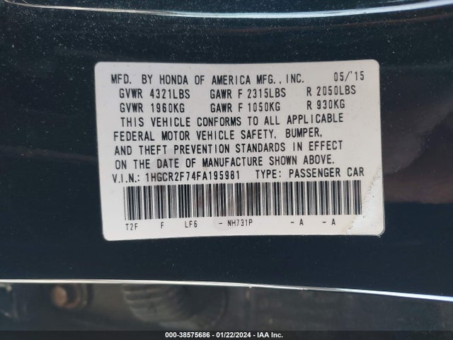 Honda ACCORD EX 2015 1HGCR2F74FA195981 Image 9