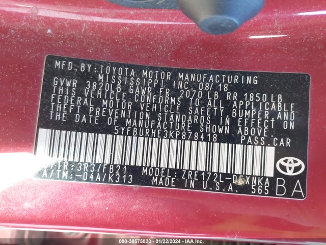 Toyota COROLLA LE 2019 5YFBURHE3KP878418 Image 9