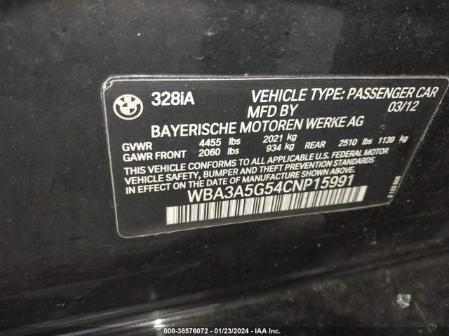 2012 BMW 328I VIN: WBA3A5G54CNP15991