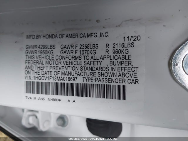 2021 HONDA ACCORD LX VIN: 1HGCV1F13MA016697