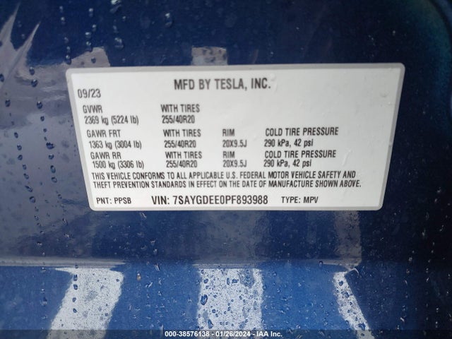 7SAYGDEE0PF893988 Tesla Model Y Awd/long Range Dual Motor All-wheel Drive