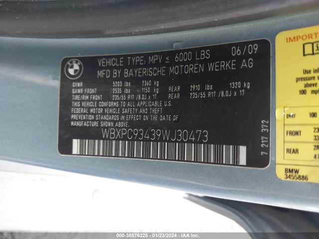 2009 BMW X3 XDRIVE30I VIN: WBXPC93439WJ30473