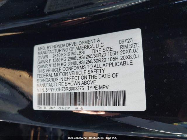 5FNYG1H78RB003376 Honda Pilot Awd Touring