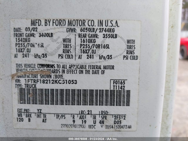2002 FORD F-150 XL/XLT VIN: 1FTRF18212KC51053