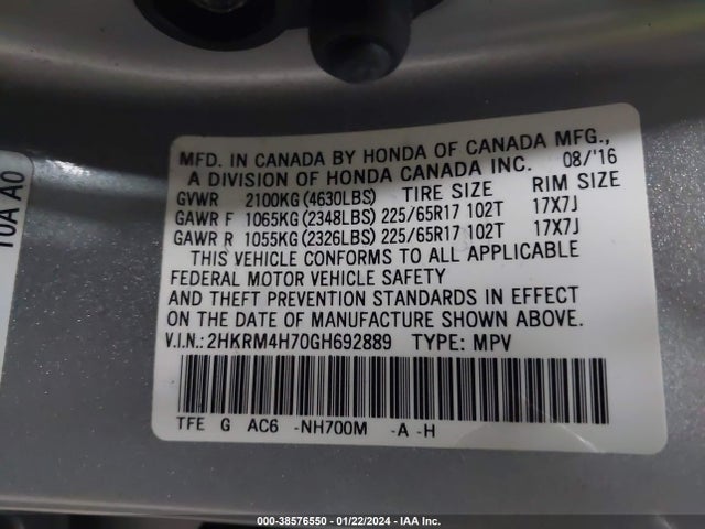 Honda Cr-v Ex-l 2016 2HKRM4H70GH692889 Image 9