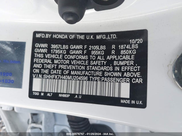 2021 HONDA CIVIC SPORT VIN: SHHFK7H40MU204596