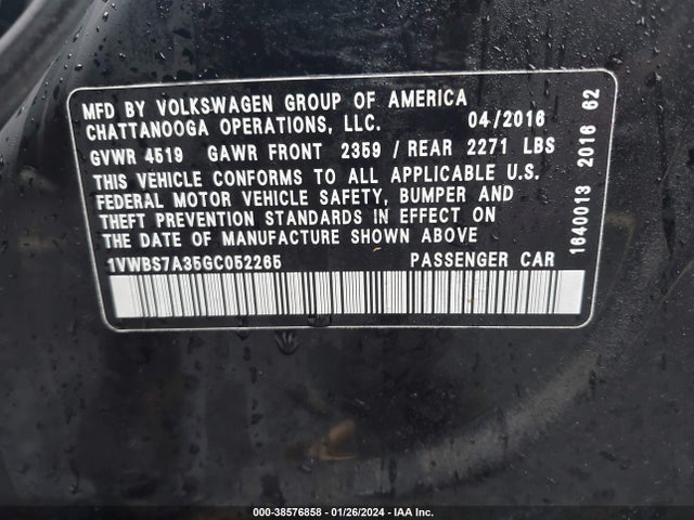 1VWBS7A35GC052265 Volkswagen Passat 1.8t Se