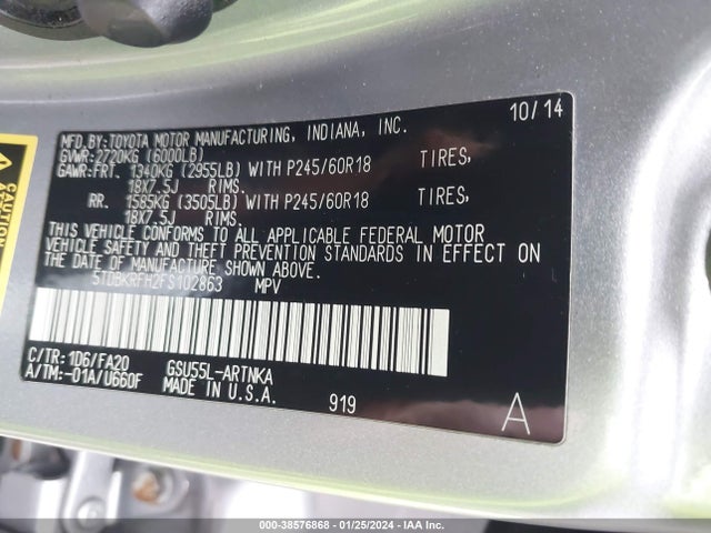 Toyota Highlander Le Plus V6 2015 5TDBKRFH2FS102863 Image 9