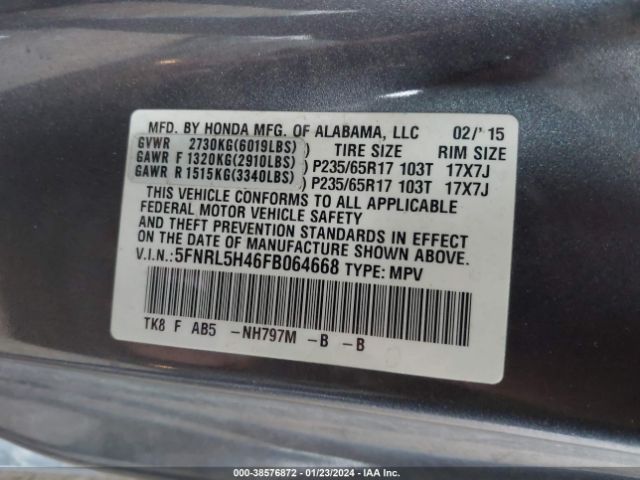 5FNRL5H46FB064668 Honda ODYSSEY EX