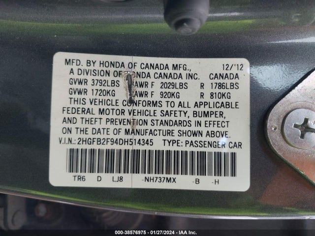 2013 HONDA CIVIC EX-L VIN: 2HGFB2F94DH514345