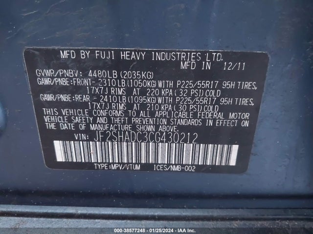 2012 SUBARU FORESTER 2.5X PREMIUM VIN: JF2SHADC3CG430212