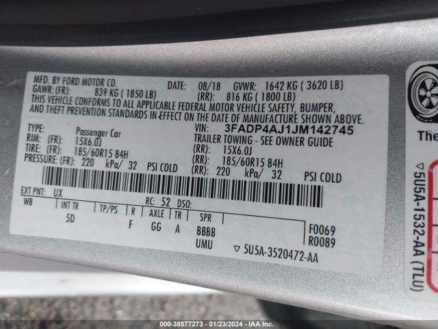 2018 FORD FIESTA S VIN: 3FADP4AJ1JM142745