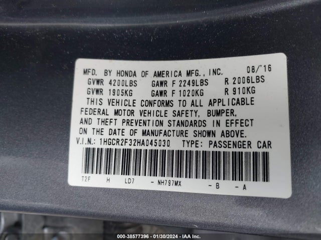 Honda ACCORD LX 2017 1HGCR2F32HA045030 Image 9