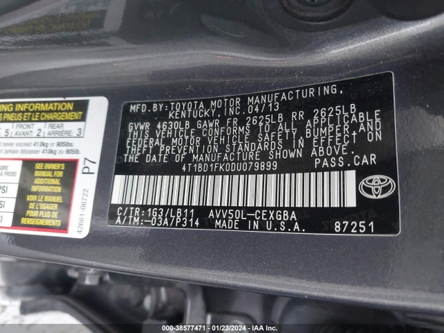 2013 TOYOTA CAMRY HYBRID XLE VIN: 4T1BD1FK0DU079899