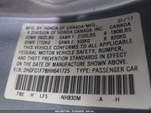 2HGFC1F78HH641725 Honda Civic Ex-l