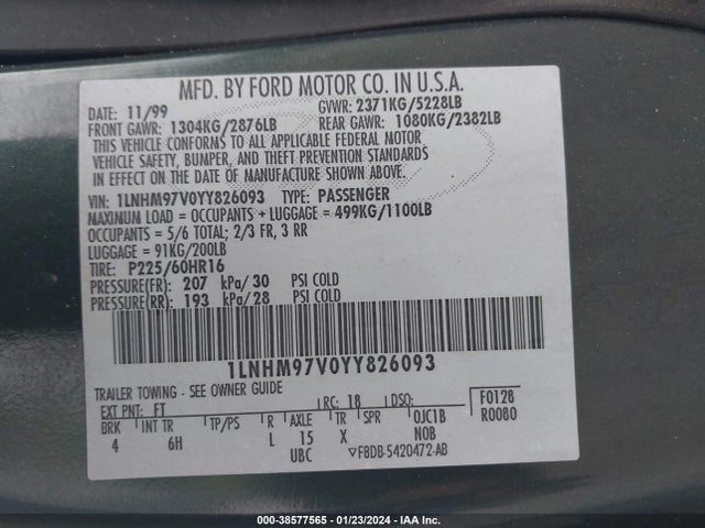 2000 LINCOLN CONTINENTAL VIN: 1LNHM97V0YY826093