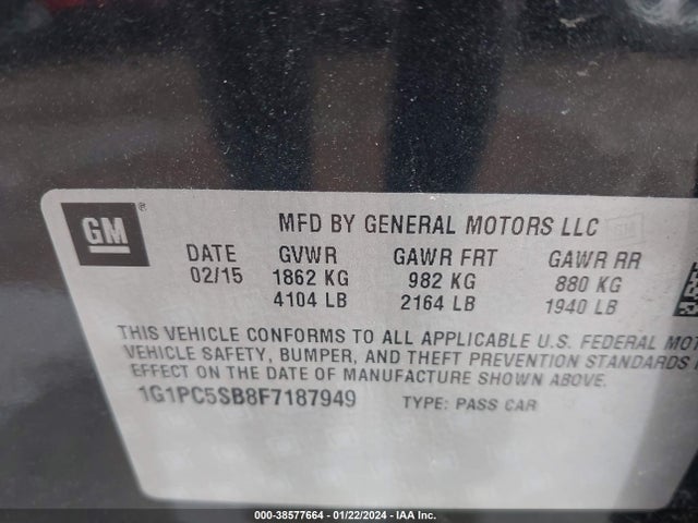 2015 CHEVROLET CRUZE 1LT AUTO VIN: 1G1PC5SB8F7187949