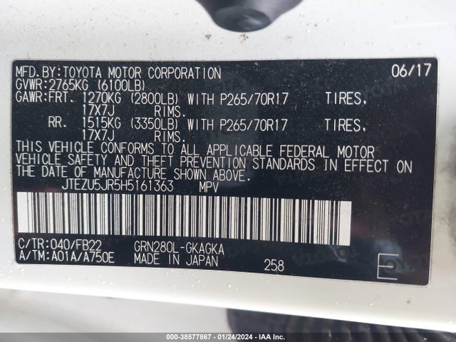 Toyota 4RUNNER SR5 2017 JTEZU5JR5H5161363 Image 9