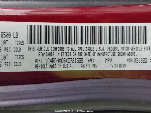 1C4RDHAG0KC721555 Dodge Durango Sxt Rwd