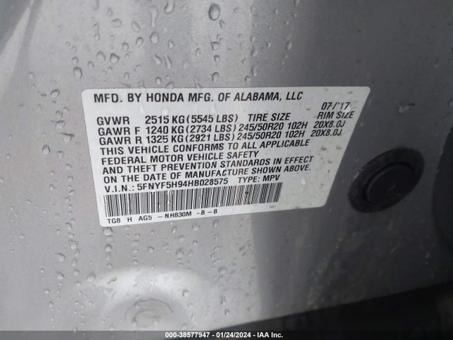 Honda Pilot Touring 2017 5FNYF5H94HB028575 Image 9