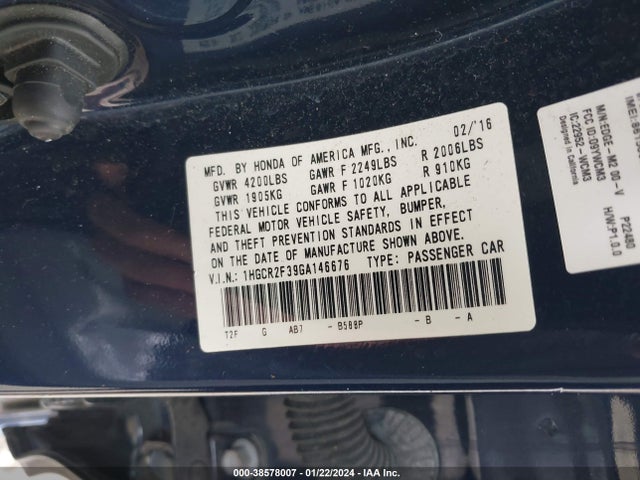 Honda ACCORD LX 2016 1HGCR2F39GA146676 Image 9