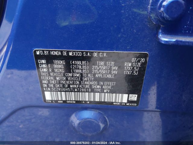 3CZRU6H57LM728618 Honda Hr-v Awd Ex