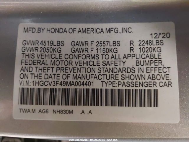 1HGCV3F49MA004401 Honda Accord Hybrid Ex