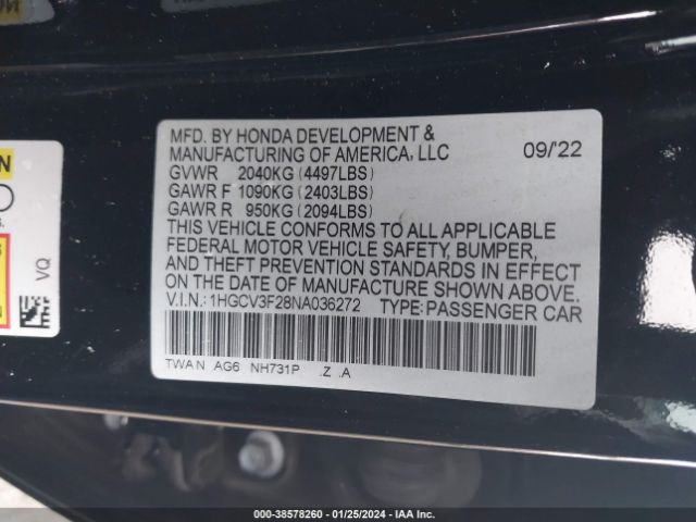1HGCV3F28NA036272 Honda Accord Hybrid Sport