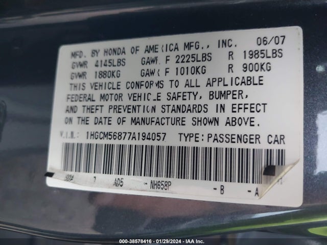 2007 HONDA ACCORD 2.4 EX VIN: 1HGCM56877A194057