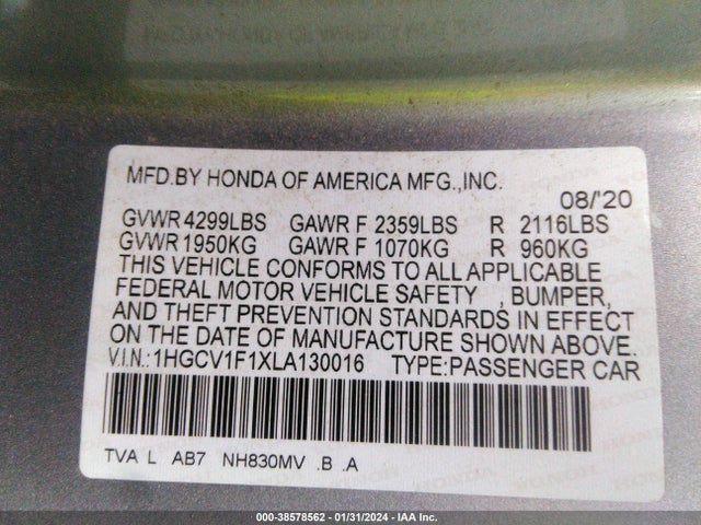 Honda ACCORD LX 2020 1HGCV1F1XLA130016 Image 9