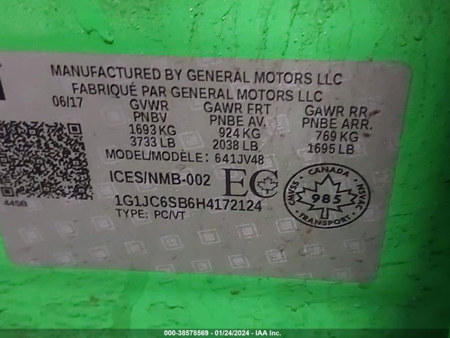 1G1JC6SB6H4172124 Chevrolet Sonic Lt Manual