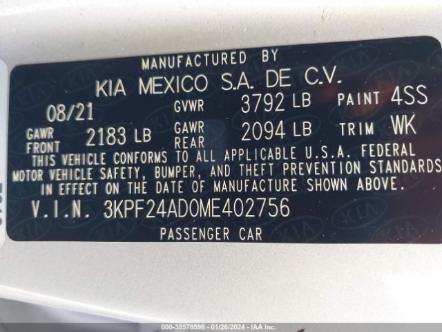 3KPF24AD0ME402756 KIA Forte Lxs