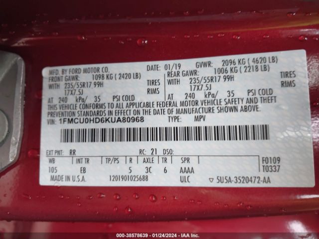 1FMCU0HD6KUA80968 Ford ESCAPE SEL