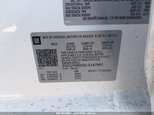 2020 CHEVROLET SILVERADO 1500 4WD SHORT BED LT VIN: 3GCUYDED2LG147997